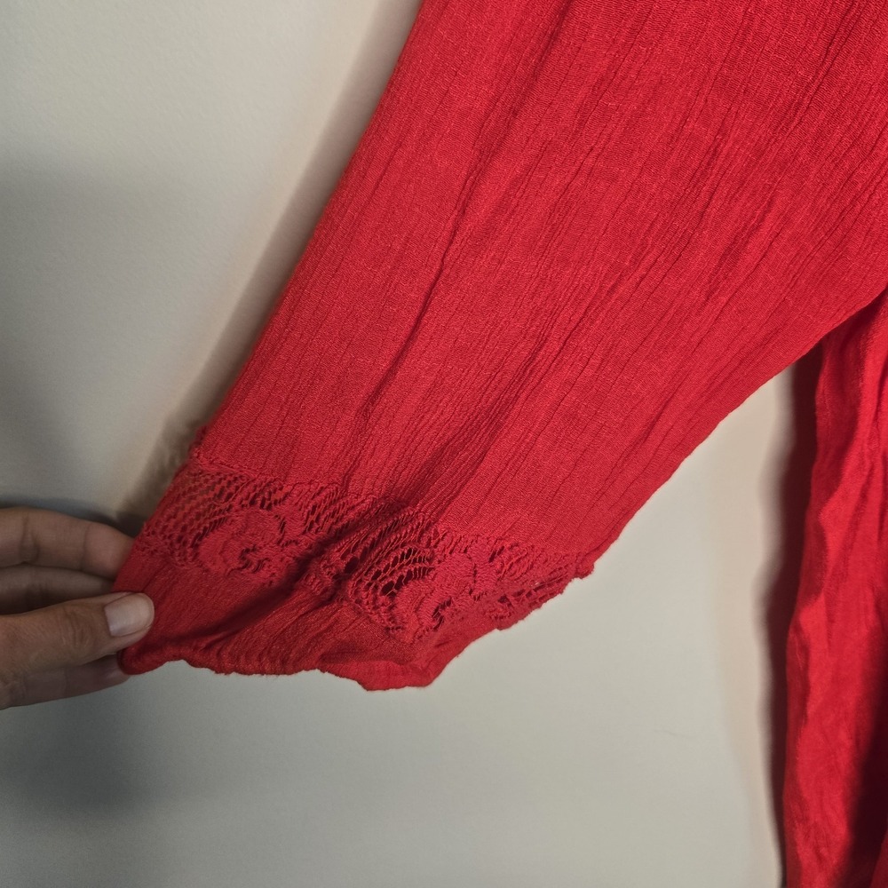 Red Lace Crochet Boho Blouse Top Shirt Plus 2XL Zac & Rachel 3/4 Balloon Sleeve - Picture 5 of 10
